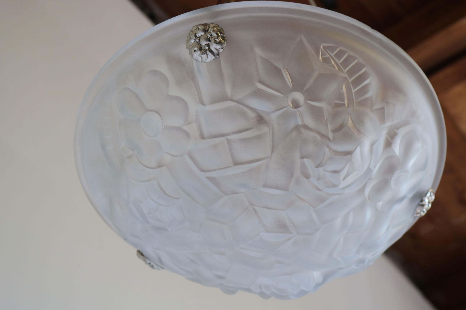 Art Deco Hanglamp / Kroonluchter Van David Gueron Degue, 1930, Bloemmotieven, Matglas photo vinterior