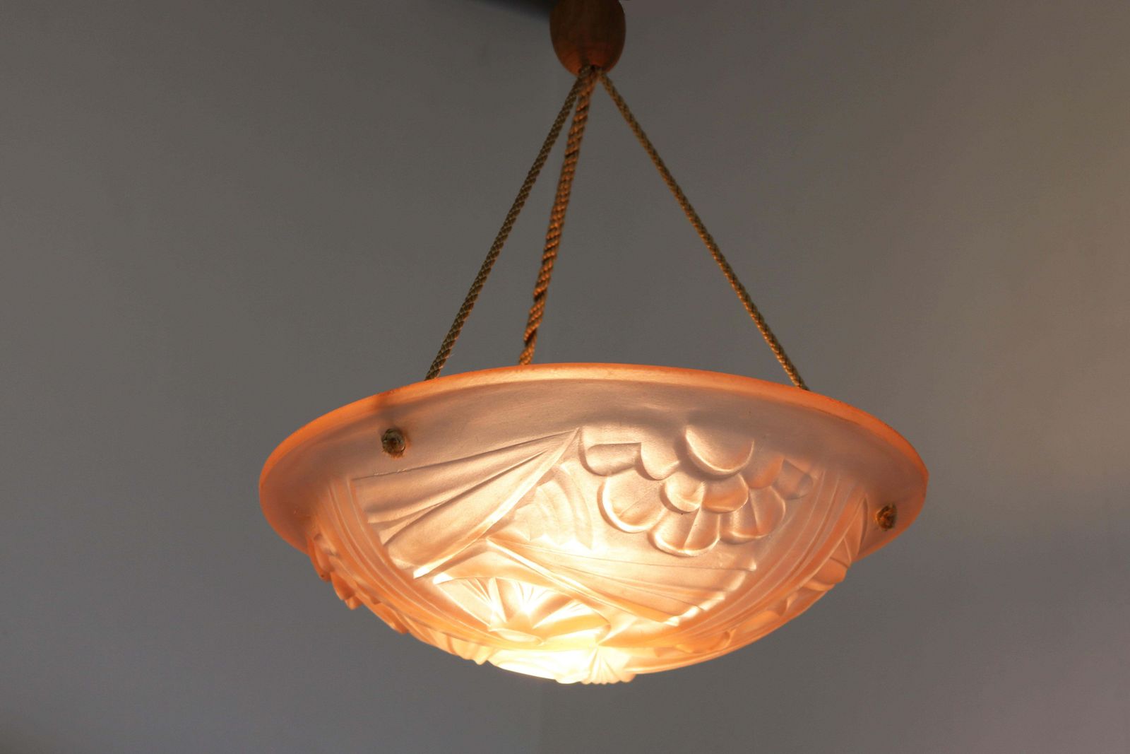 photo for sale French Art Deco Chandelier Signed By Degue Pink Glass Lamp 1930 Antique France