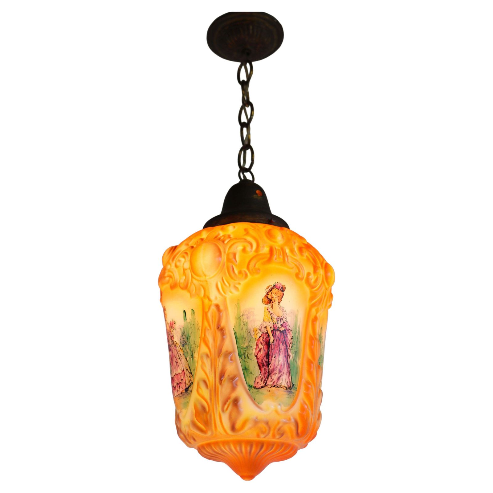 Antieke Franse Handgeschilderde Opaline Hanglamp, Ca. 1910 – Victoriaanse/Renaissance Stijl