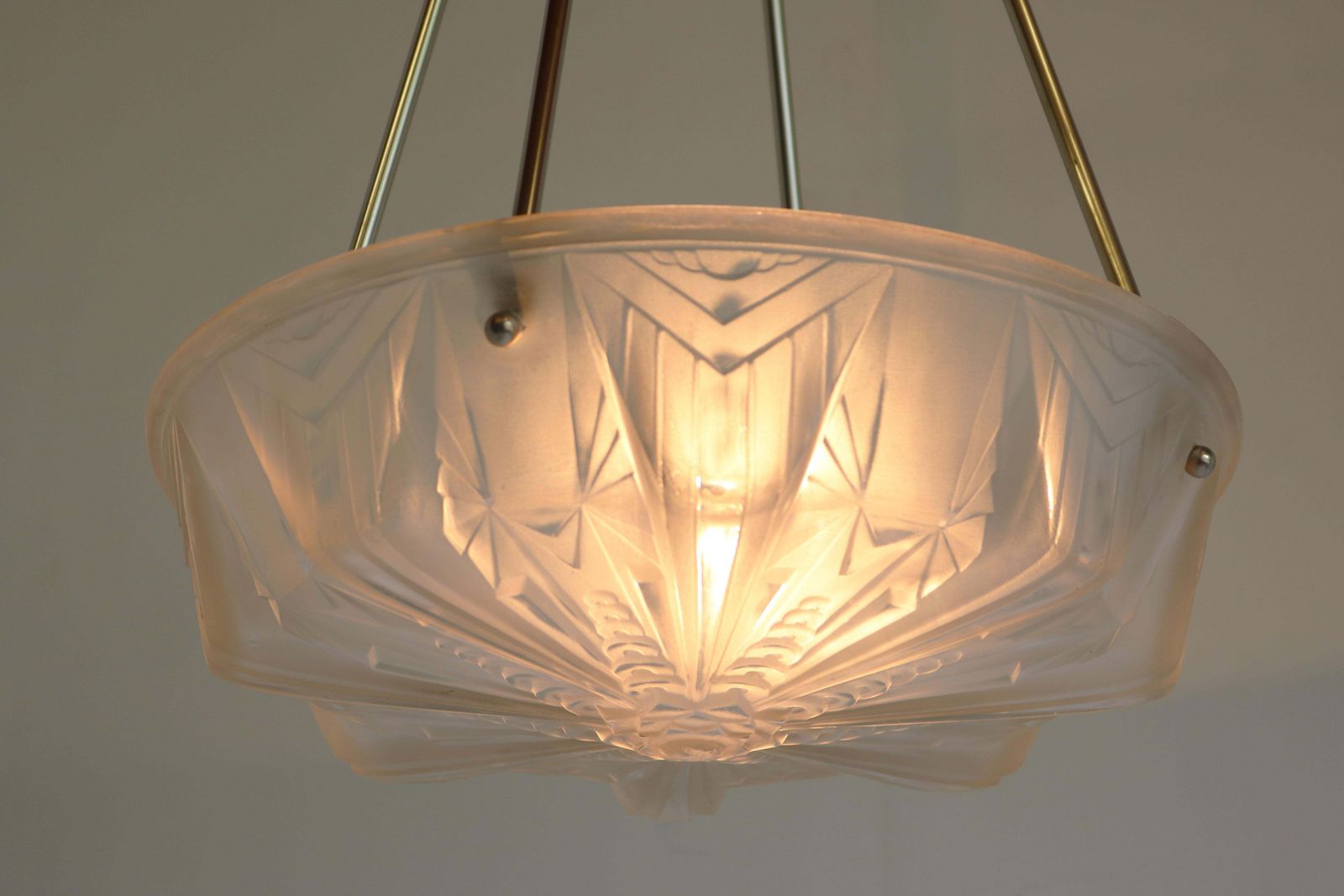 Geometrische Art Deco Hanglamp / Kroonluchter, 1930, Frankrijk, Muller Frères Luneville photo for sale