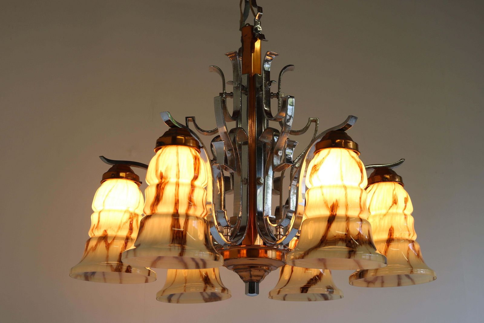 Antique French Art Deco Chandelier 1930 Copper Chrome & Marbled Glass 6 Lights photo furniture