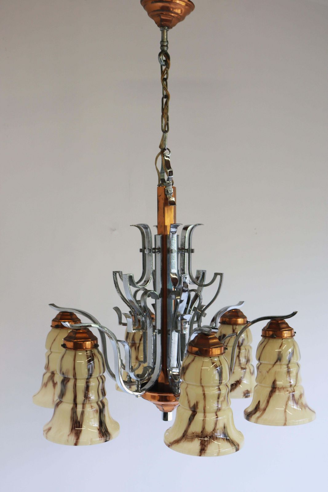 photo for sale Antique French Art Deco Chandelier 1930 Copper Chrome & Marbled Glass 6 Lights