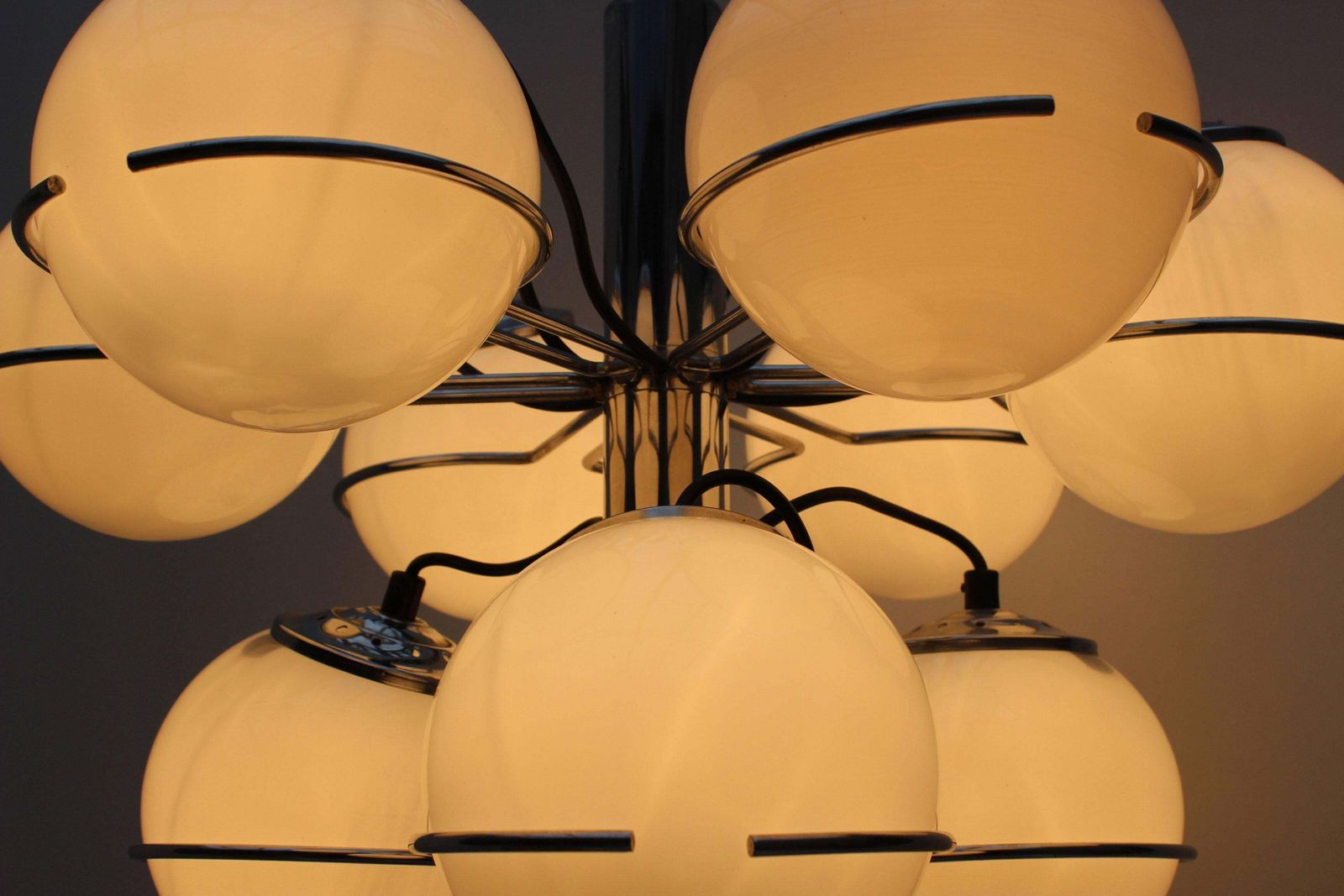 Midcentury Italian Chrome And Opaline Glass Chandelier By Targetti Sankey, 1970 photo for sale