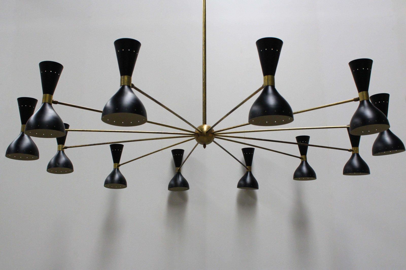 Massive Mid Century Design Italian Chandelier, 1950s Stilnovo Black Gold photo for sale