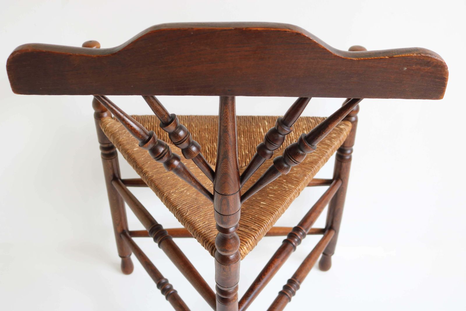 Furniture Antique Edwardian Style Triangular Corner Chair Rush Seat Knitting Armchair 1900 photo