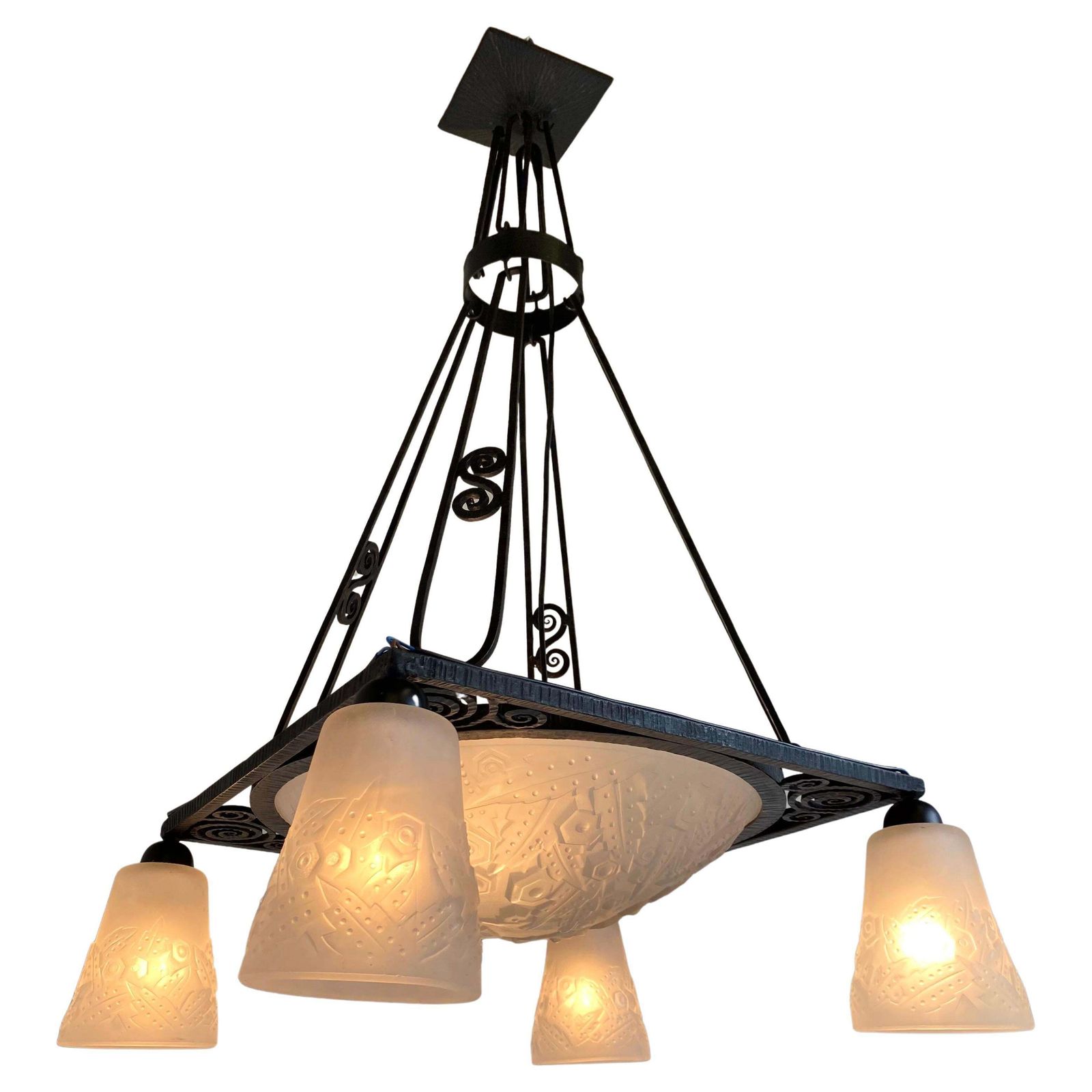 Antique French Art Deco Chandelier By Muller Frères Wrought Iron Geometric 1930