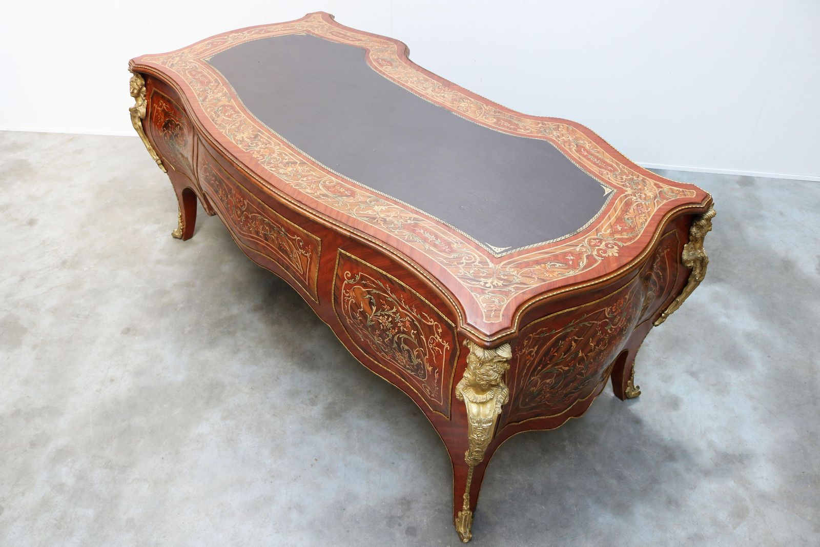 photo furniture Rounded Italian Executive Desk In Louis XV Style Marquetry Bronze 1950 Inlaid
