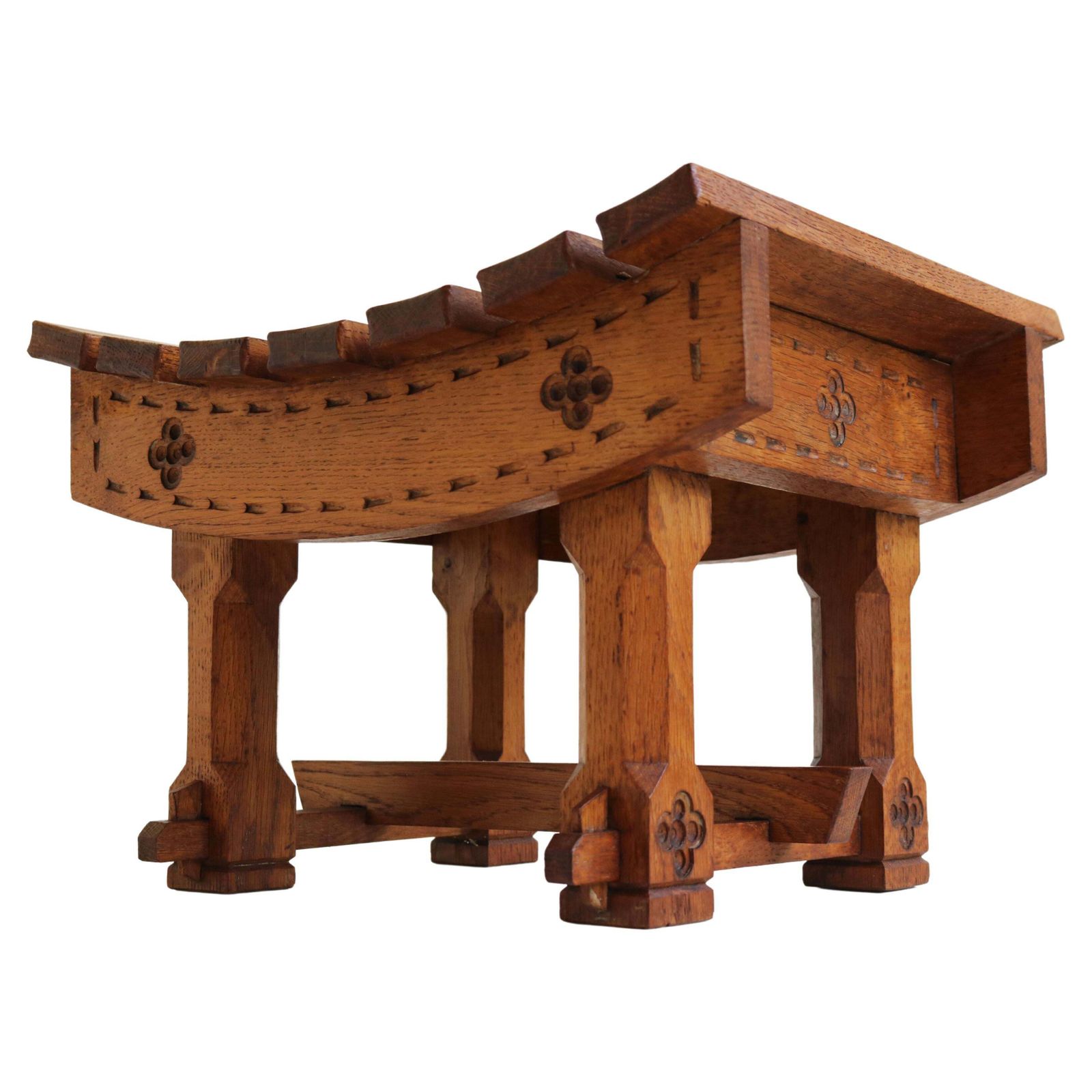 Gorgeous Antique Dutch Arts & Crafts Stool / Footstool In Carved Oak, 1900
