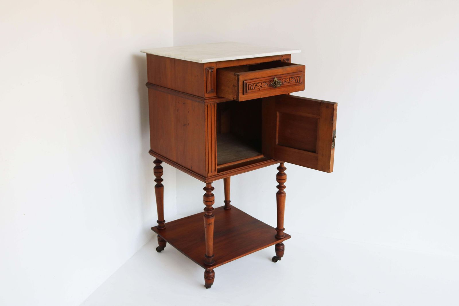 Antique Night Stand / Bedside Table 19th Century Fruitwood & Carrara Marble Top photo buy