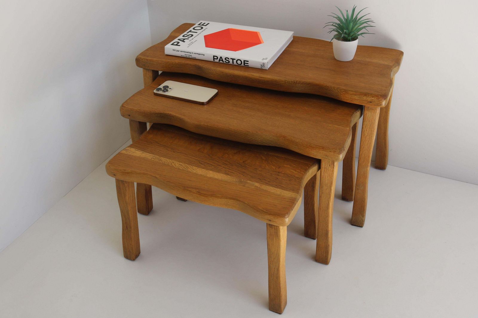 Set Of Brutalist Organic Nesting Tables Solid Oak European Free Form 1960 France photo 1079.0
