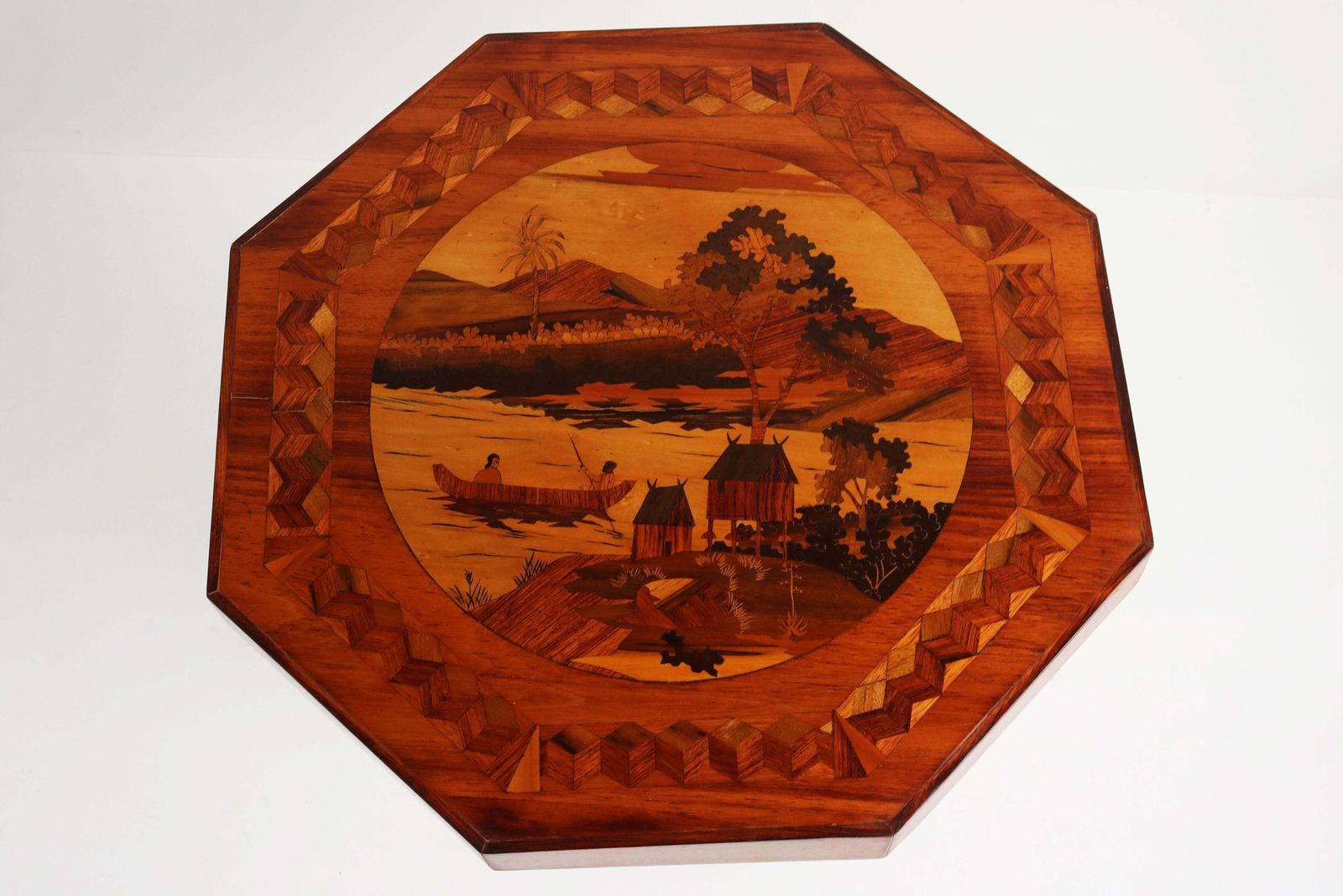 Antique French Art Deco Octagonal Side Table Geometric Oriental Scene 1930 Inlay photo furniture