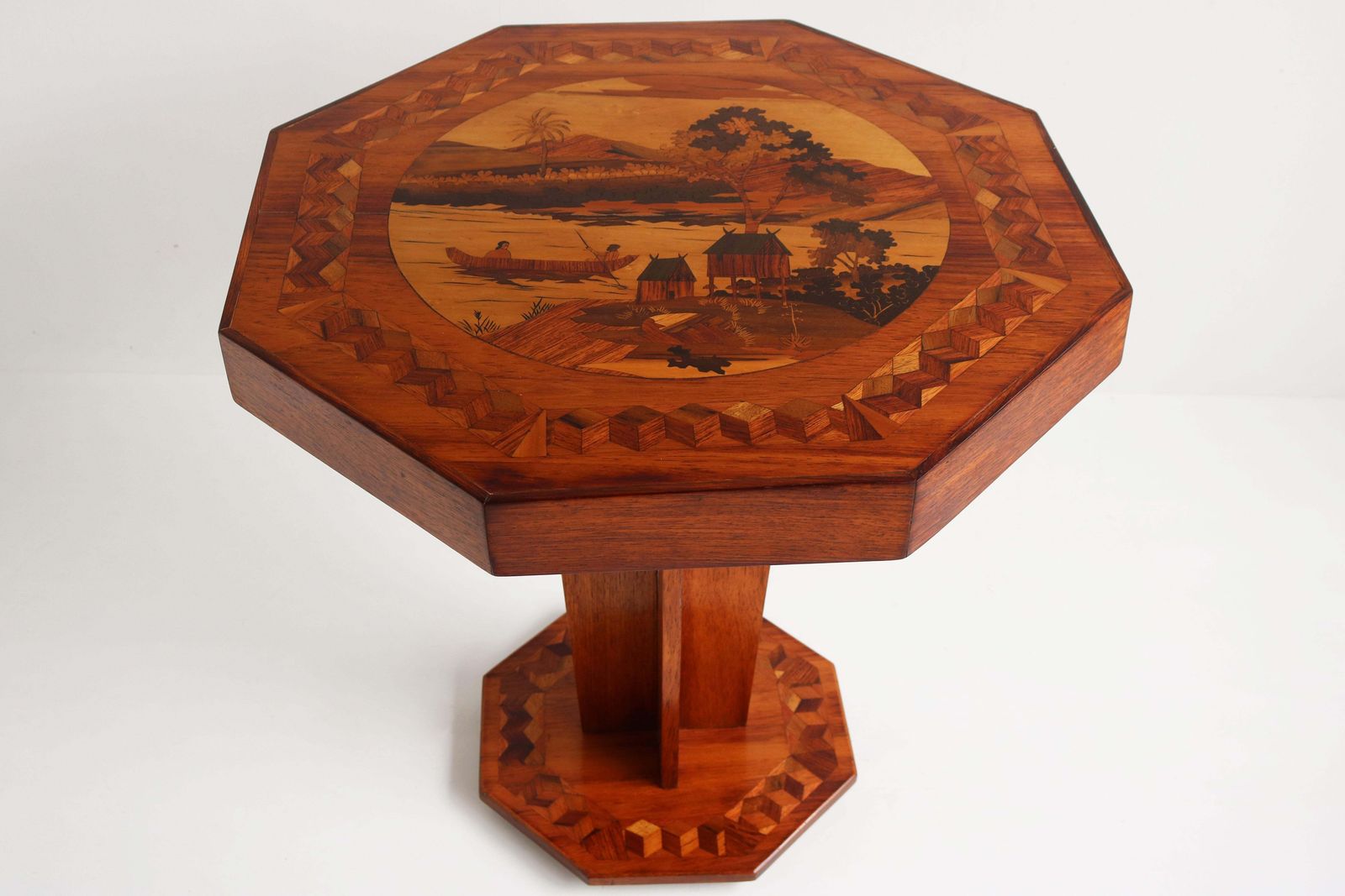 Antique French Art Deco Octagonal Side Table Geometric Oriental Scene 1930 Inlay photo Furniture