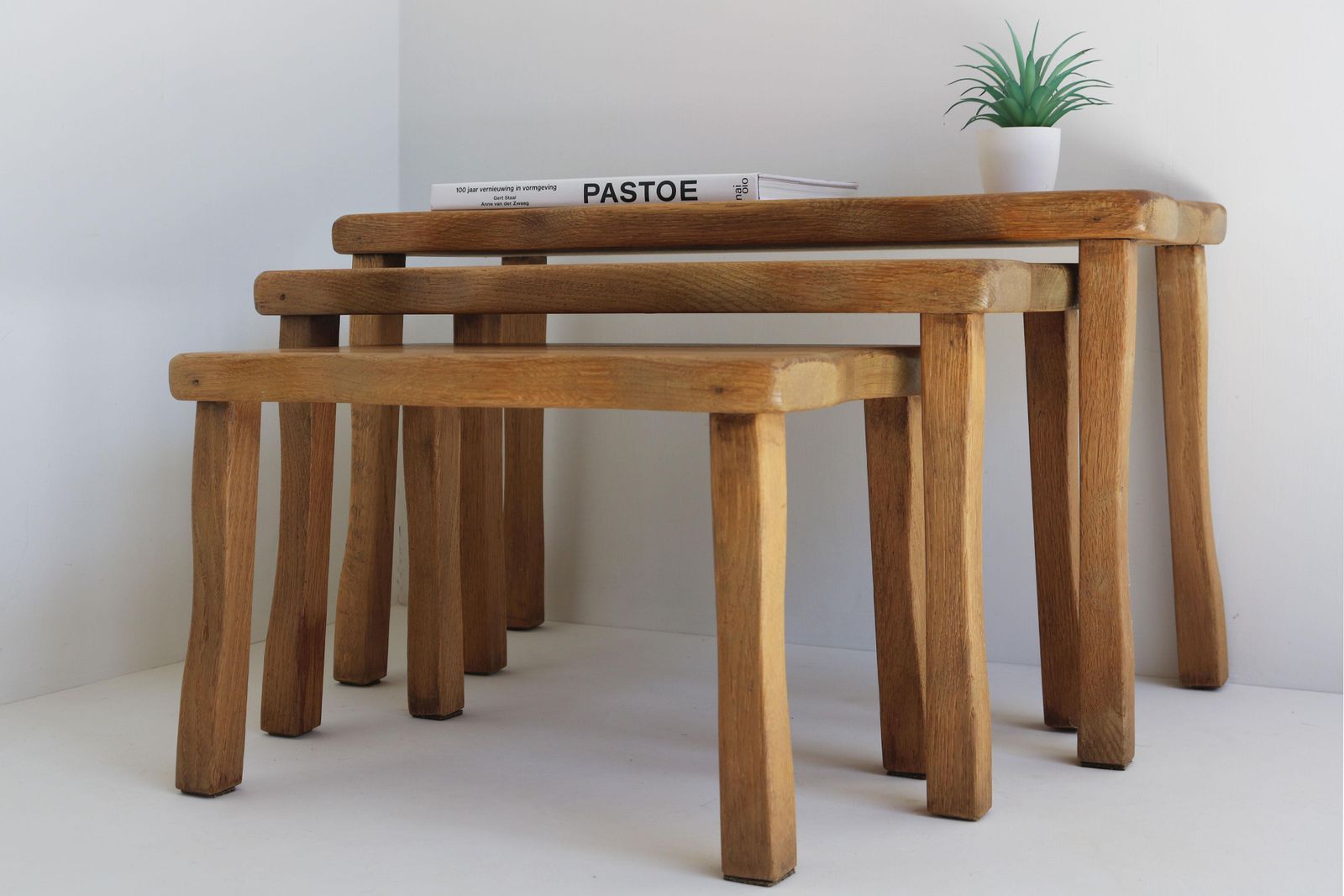 photo furniture Set Of Brutalist Organic Nesting Tables Solid Oak European Free Form 1960 France
