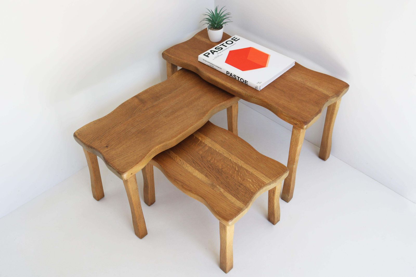 Furniture Set Of Brutalist Organic Nesting Tables Solid Oak European Free Form 1960 France photo