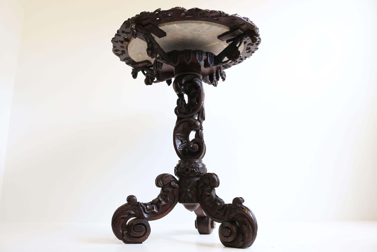 3833.0 Antique Black Forest 19th Century Side / End Table Hunt Carved Oak & Marble Top photo