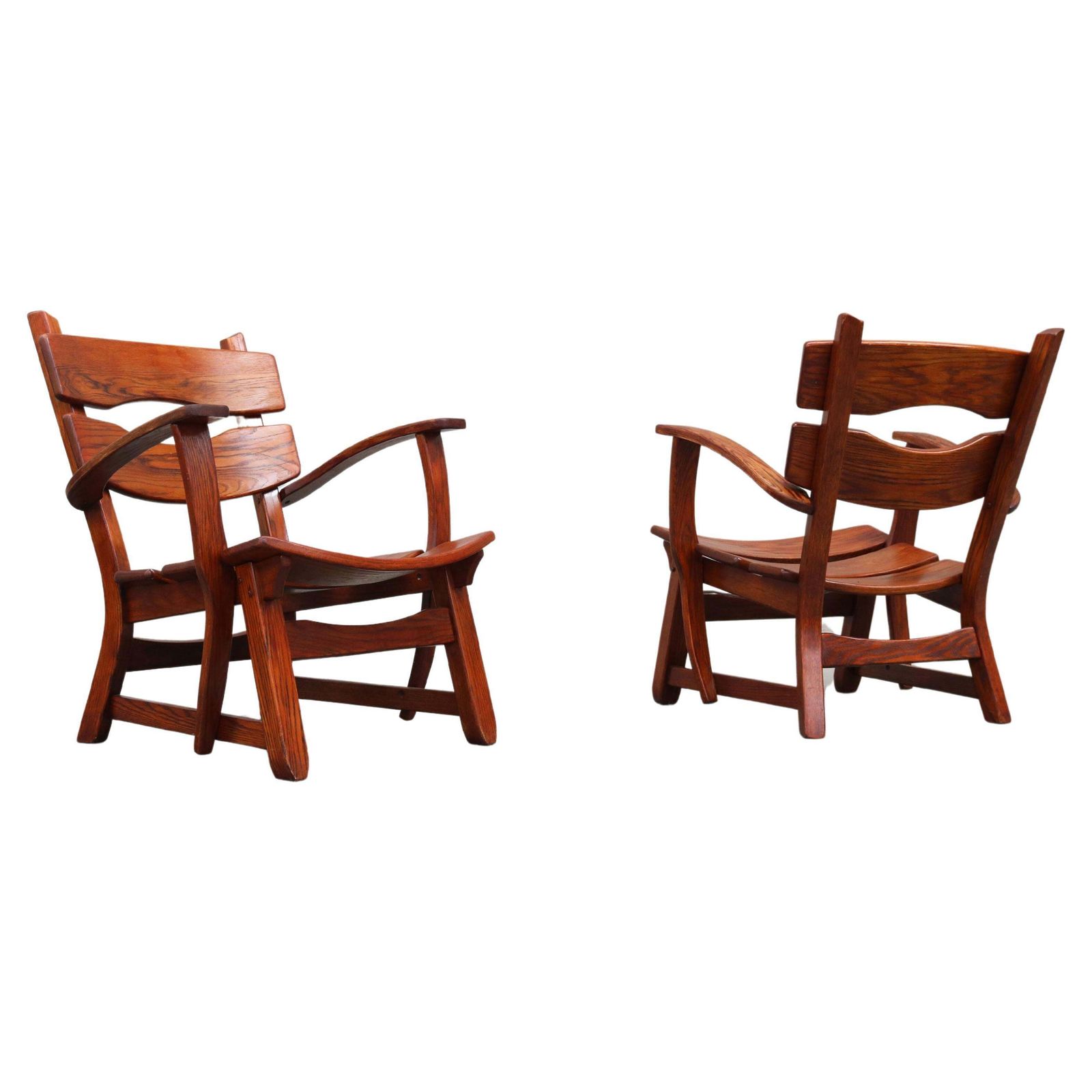Paar Lage Mid Century Design Brutalist Fauteuils In Massief Eiken