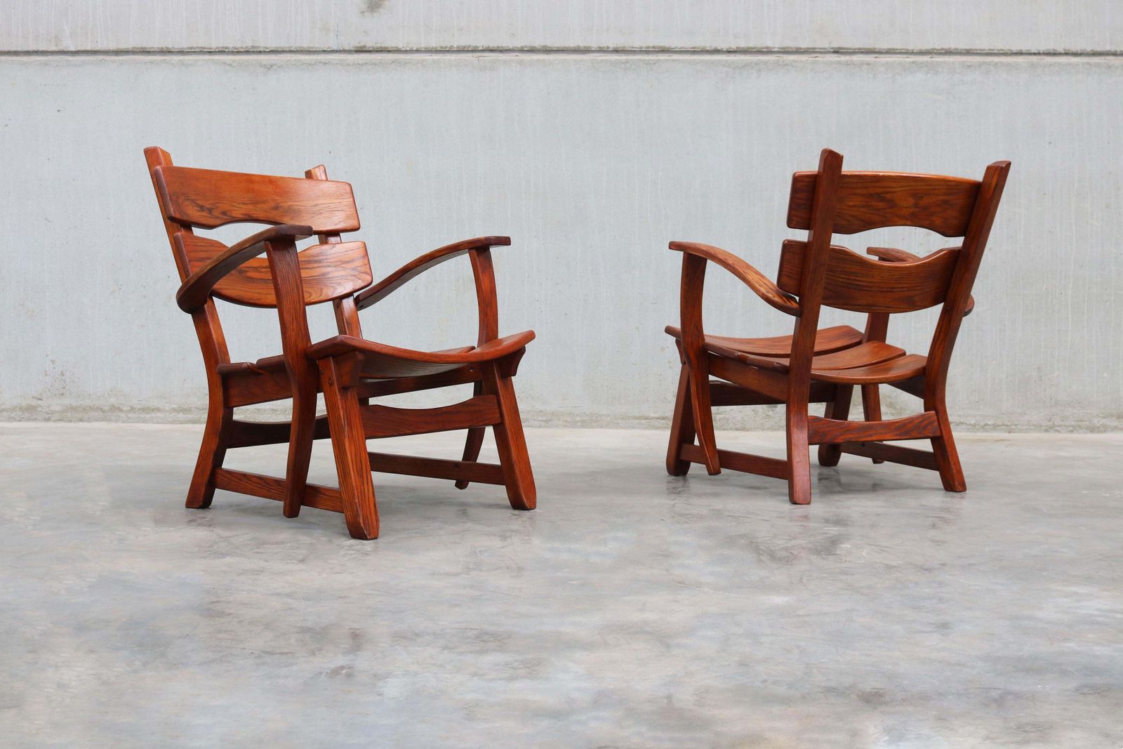 Pair Of Low Mid Century Design Brutalist Lounge Chairs / Arm Chairs In Solid Oak photo furniture