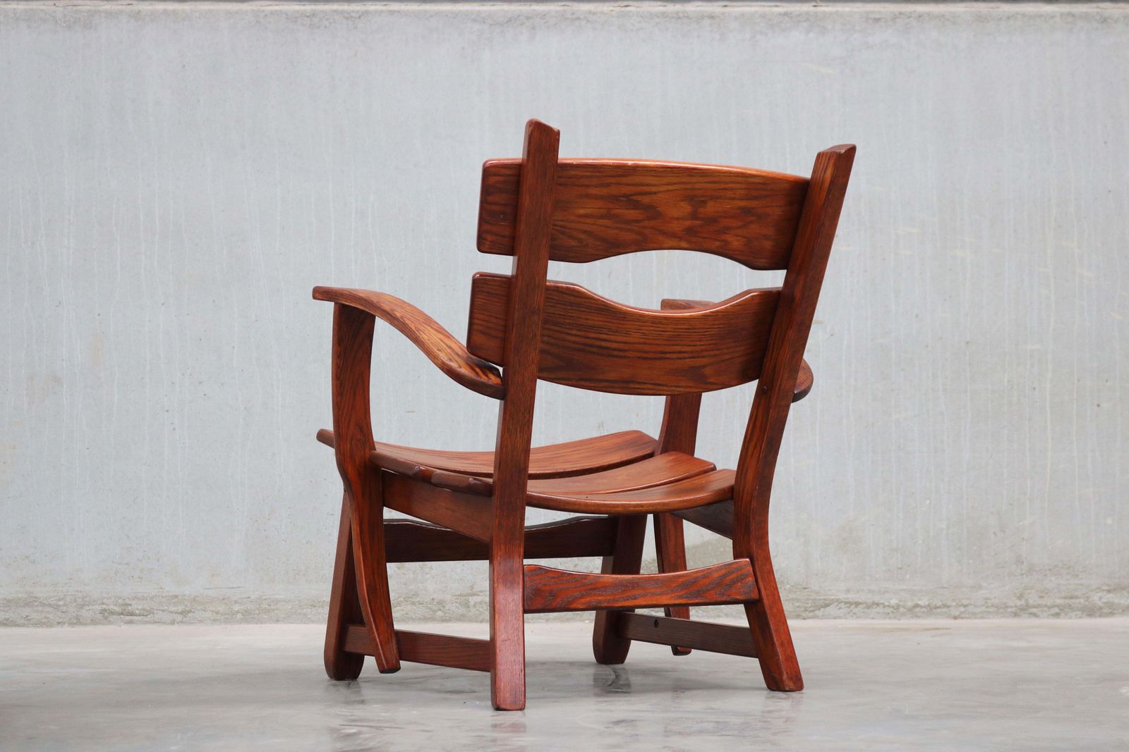 Pair Of Low Mid Century Design Brutalist Lounge Chairs / Arm Chairs In Solid Oak photo for sale