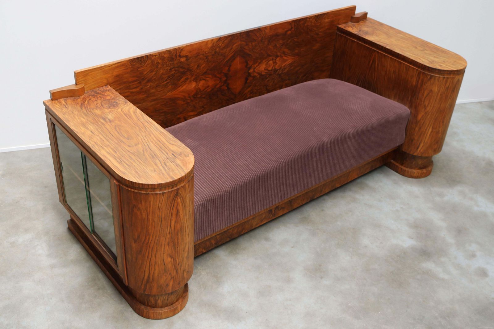 Furniture Dutch Art Deco Design Sofa By Pander 1930 Walnut Burl Wood With Display Cabinets photo
