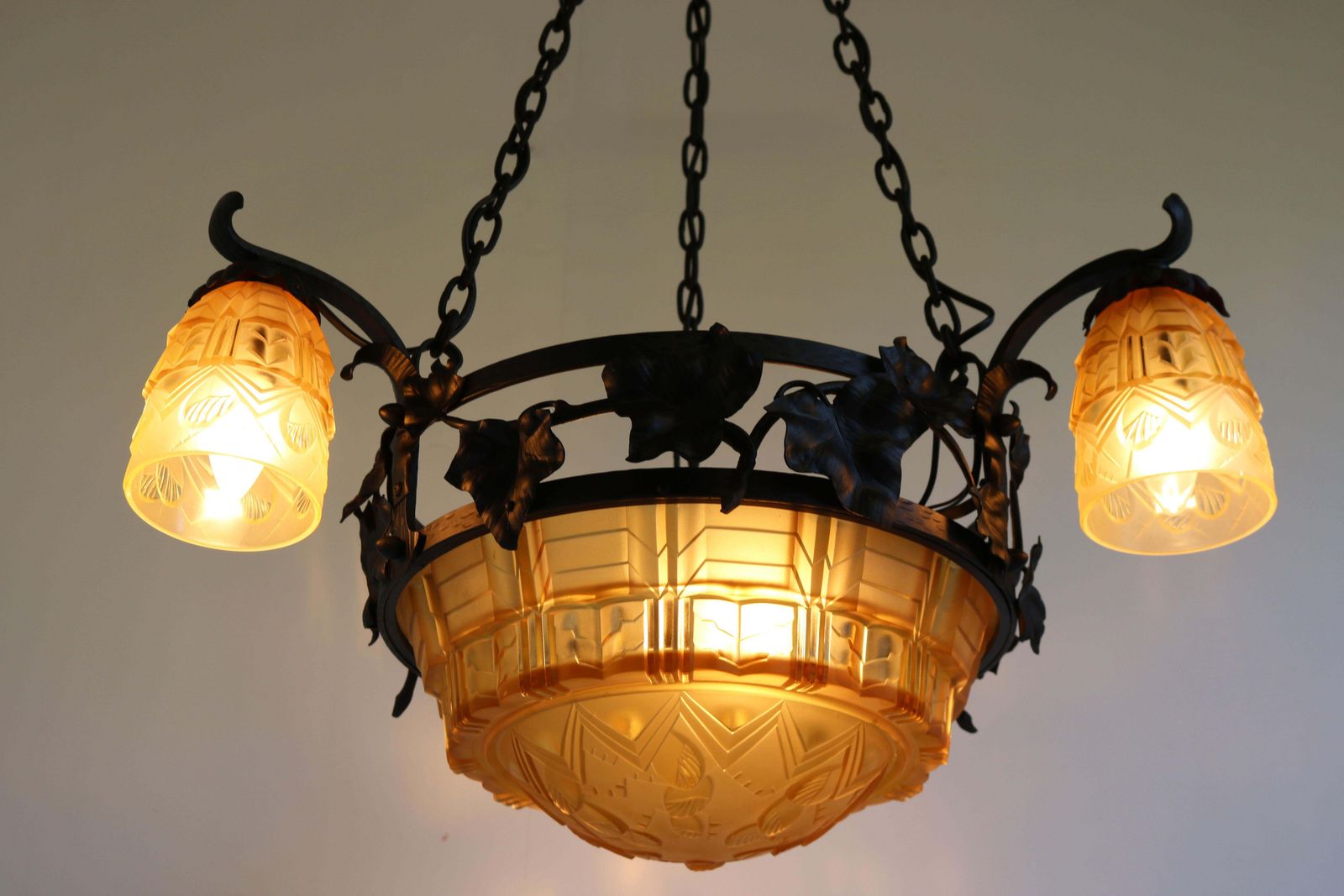 French Antique Wrought Iron Art Deco Chandelier 1930 Cut Glass Geometric Muller photo furniture