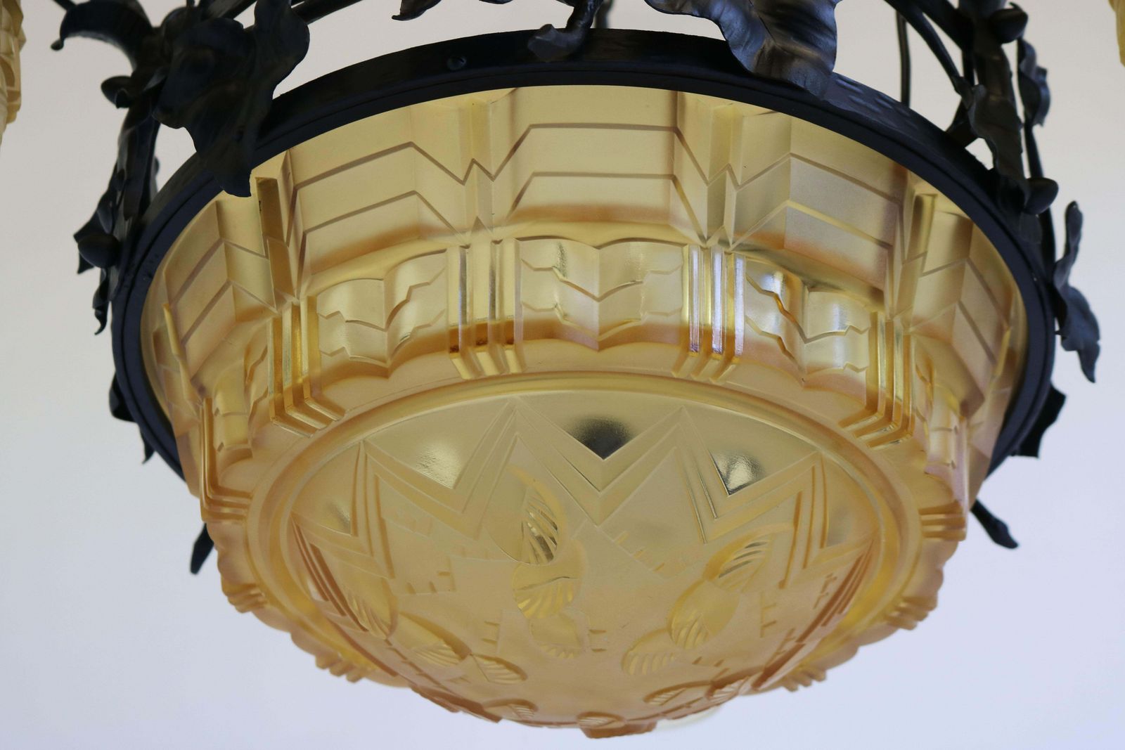 photo for sale French Antique Wrought Iron Art Deco Chandelier 1930 Cut Glass Geometric Muller