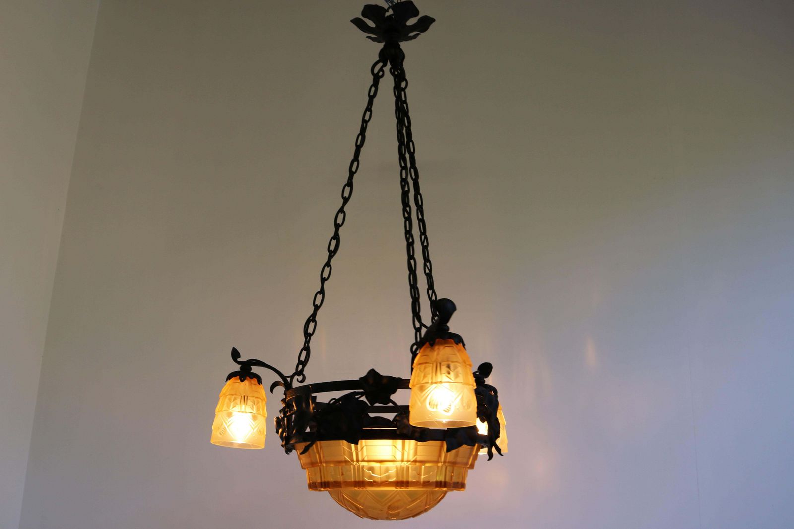 photo buy French Antique Wrought Iron Art Deco Chandelier 1930 Cut Glass Geometric Muller