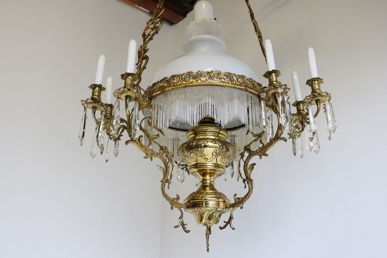 photo buy Antique French 19th Century Victorian Oil Lamp Chandelier Brass Opaline Hanging