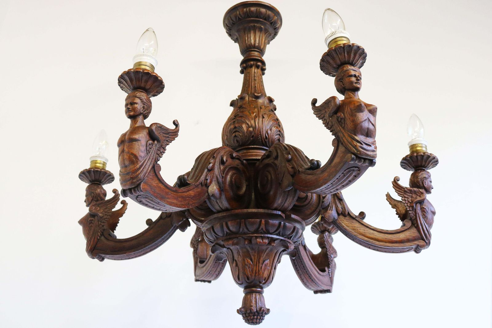 Antieke Empire 19e Eeuwse Houten Gesculpteerde Kroonluchter, Frankrijk, Massief Eiken, 6 Lichten photo 3833.0