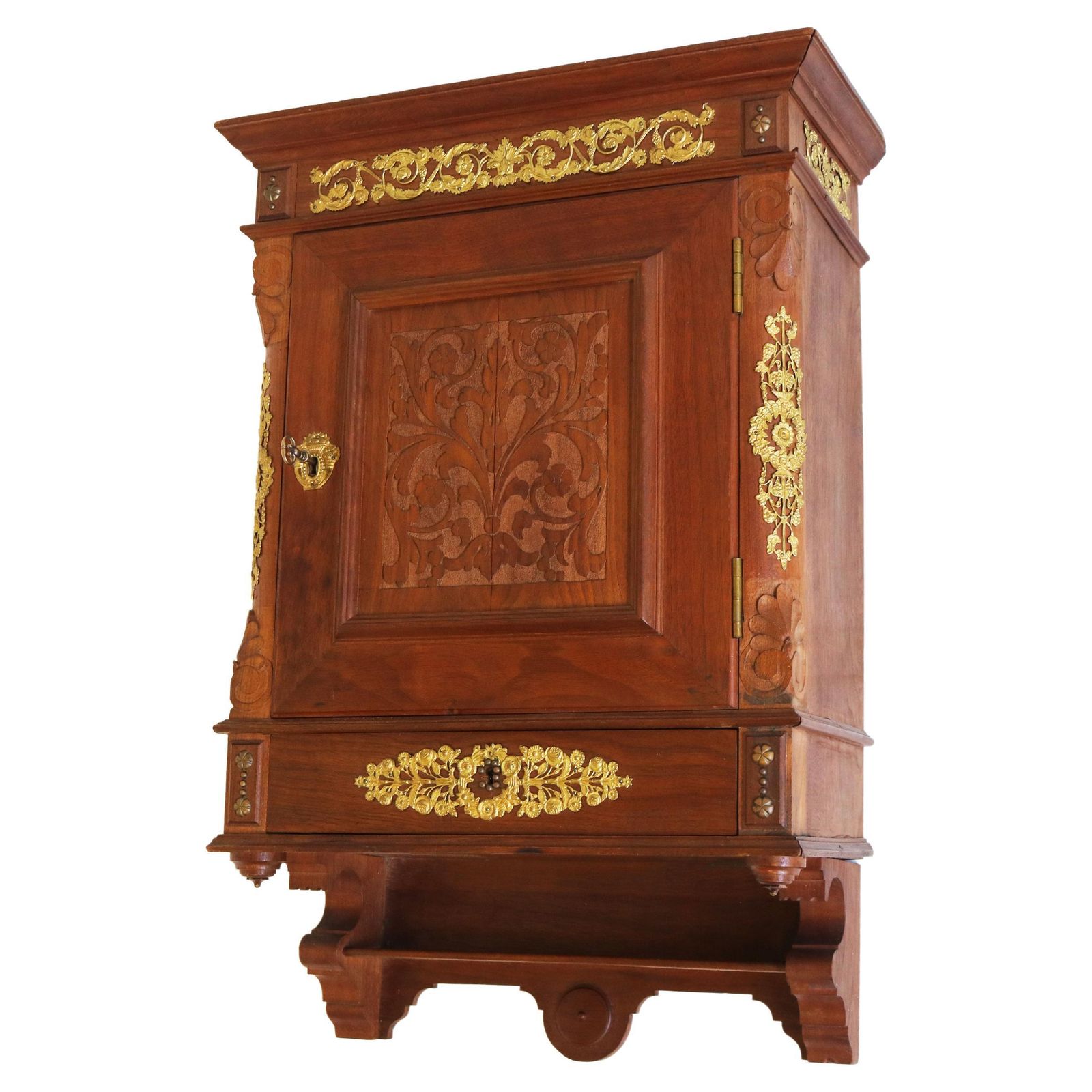 Antique Swedish Empire Wall Cabinet 19th Century Walnut Gilt Bronze Hanging