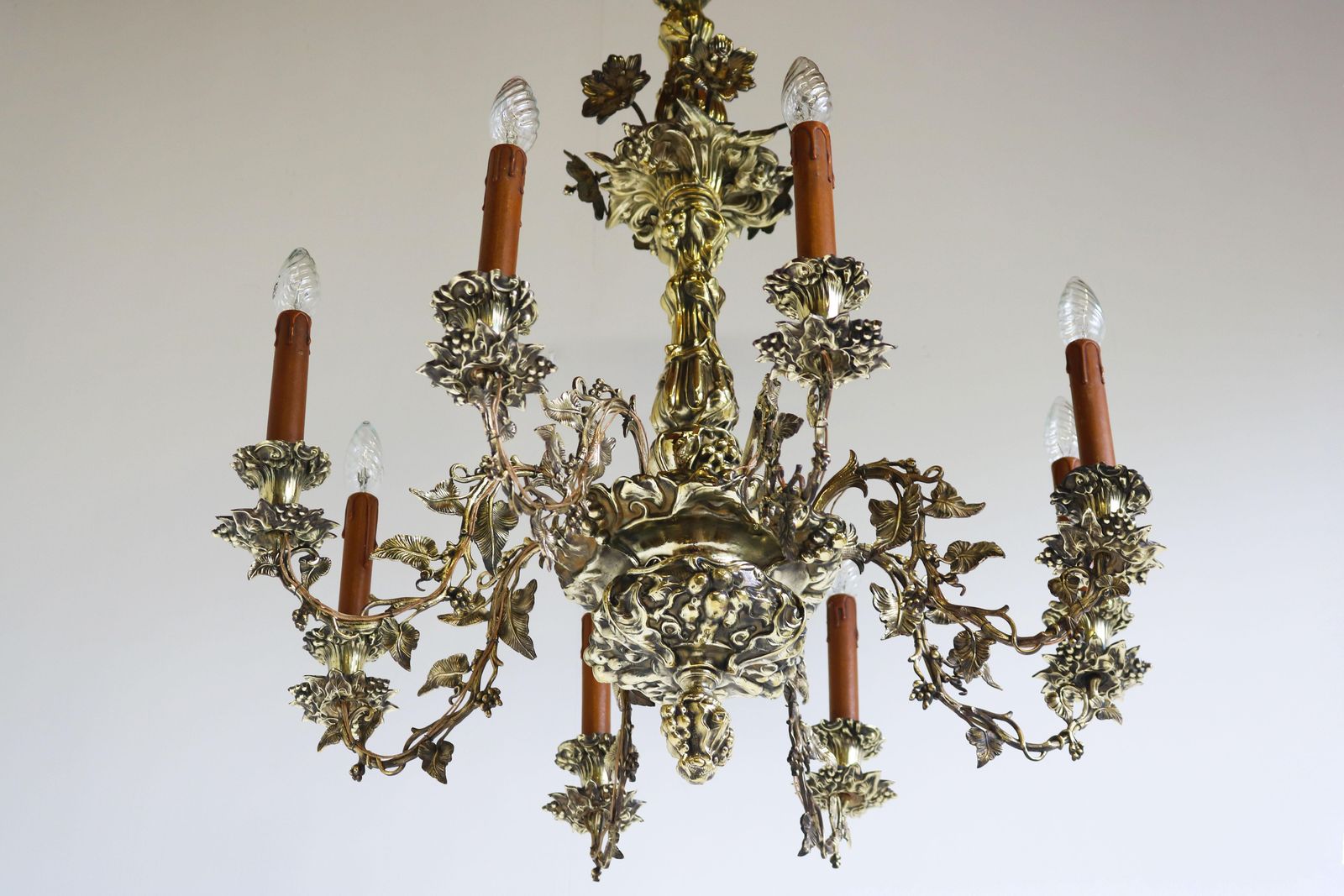 French Art Nouveau Hammered Brass Chandelier 1890 Antique 8 Lights Gold Floral photo vintage