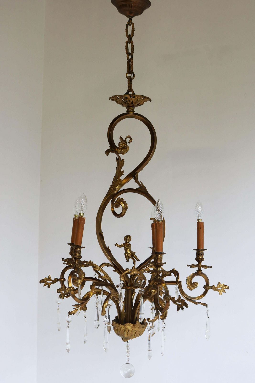 Antique French Gilded Bronze Louis XV / Rococo Style Chandelier 1880 Lamp Glass photo for sale