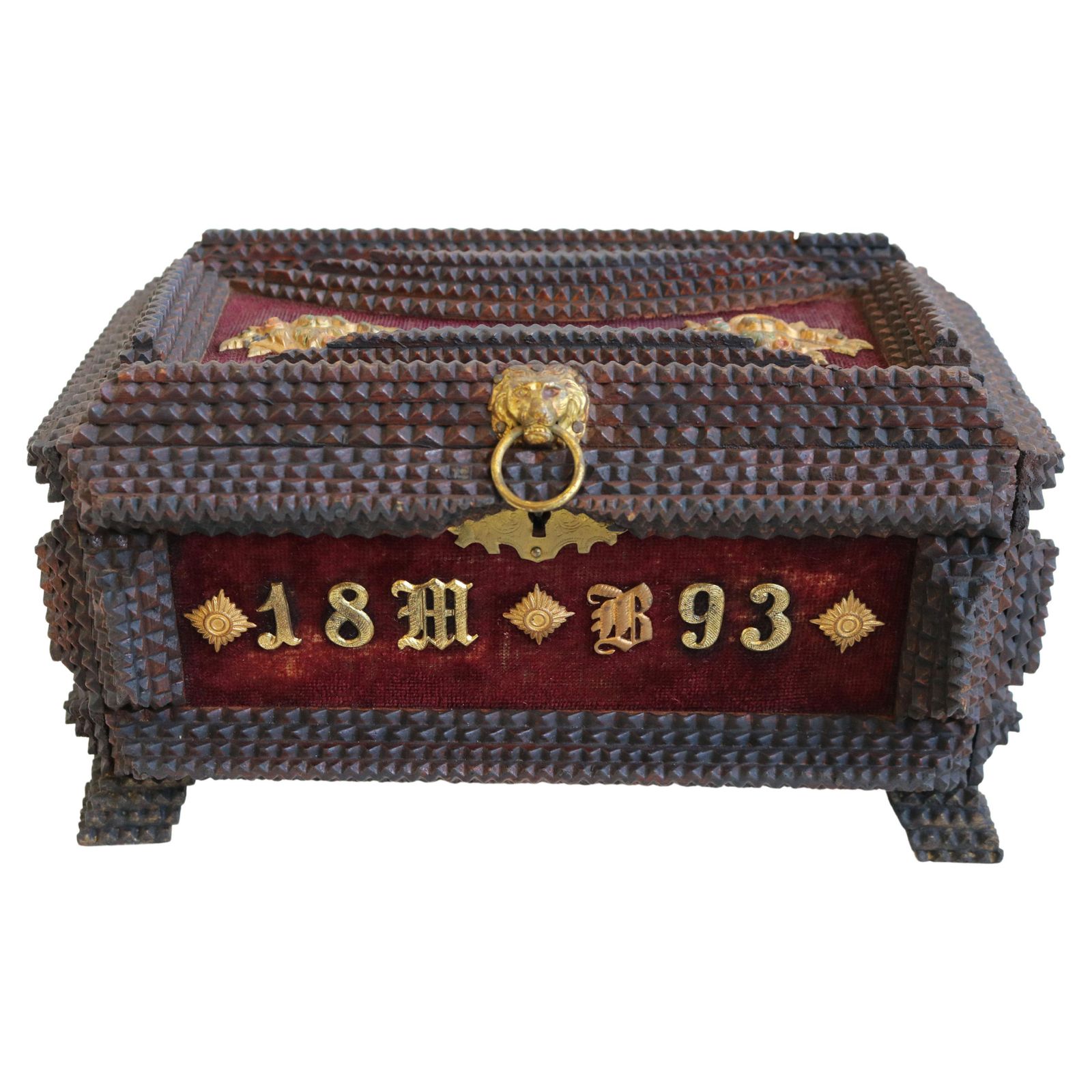 Antique Tramp Art Box / Jewelry Box Carved Brass 1893 Chip Carved War Decoration