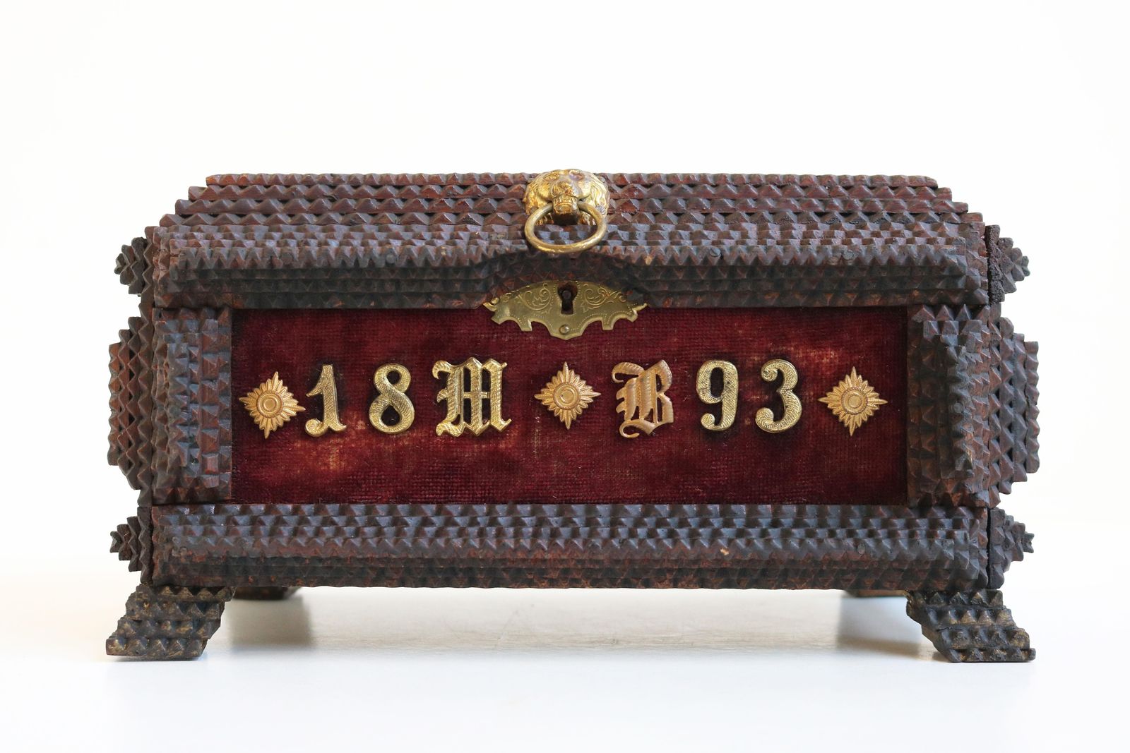 Antique Tramp Art Box / Jewelry Box Carved Brass 1893 Chip Carved War Decoration photo for sale