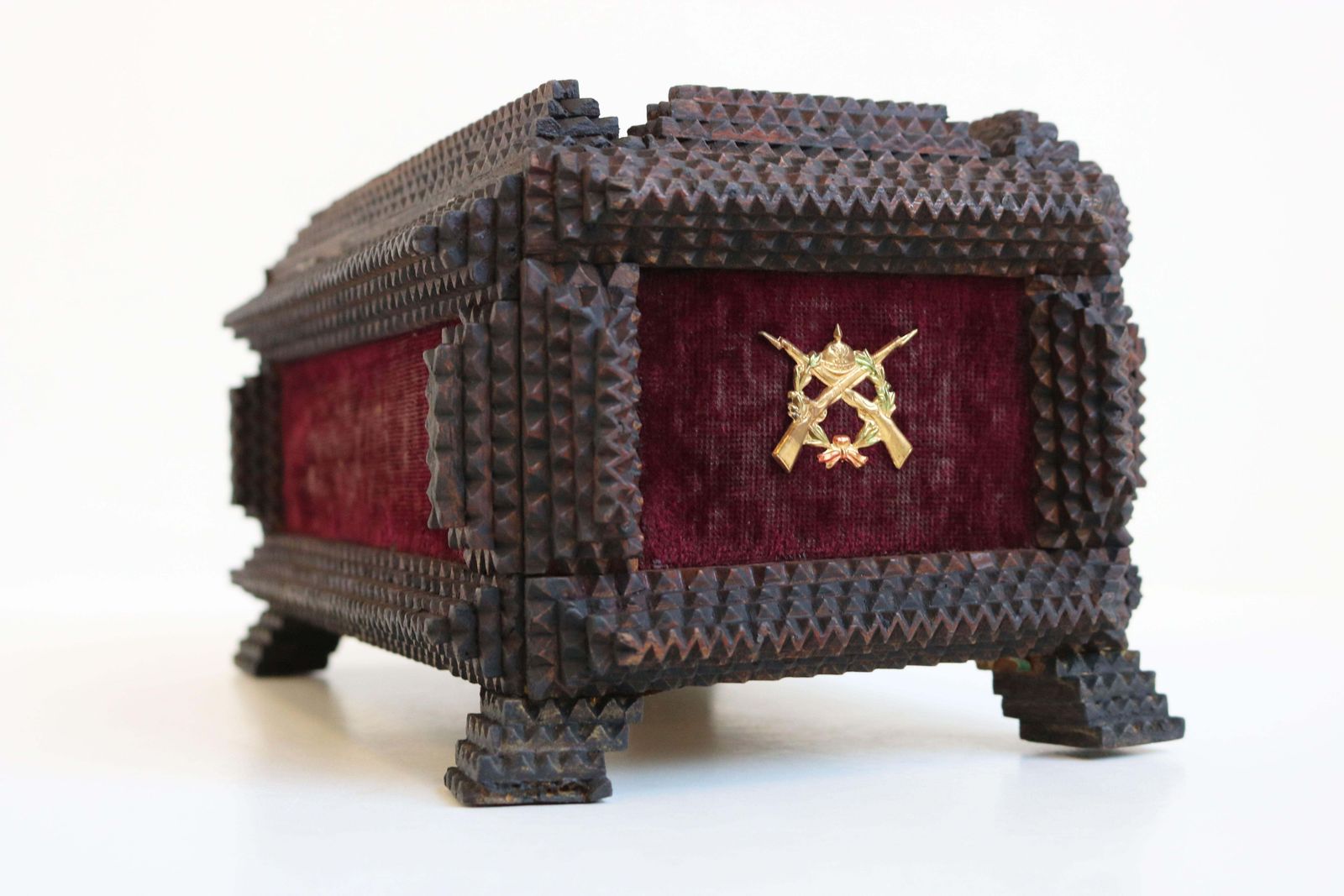 Antique Tramp Art Box / Jewelry Box Carved Brass 1893 Chip Carved War Decoration photo buy