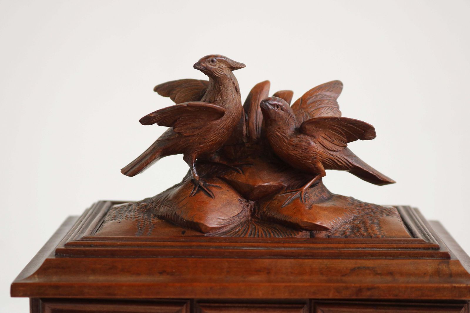 Antique 19th Century Swiss Black Forest Jewelry Box Fruitwood Birds Band Carved photo furniture
