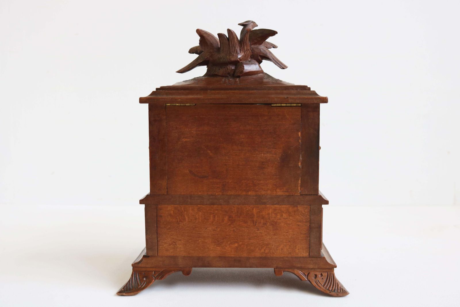 Antique 19th Century Swiss Black Forest Jewelry Box Fruitwood Birds Band Carved photo vintage
