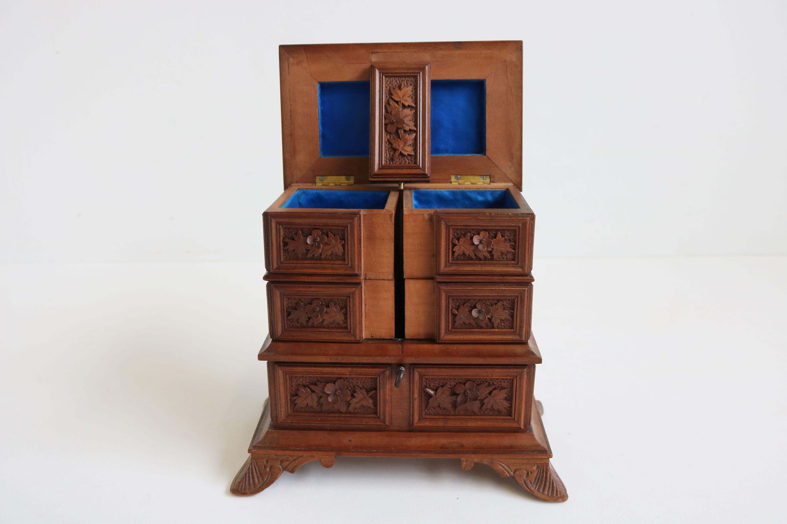 photo for sale Antique 19th Century Swiss Black Forest Jewelry Box Fruitwood Birds Band Carved