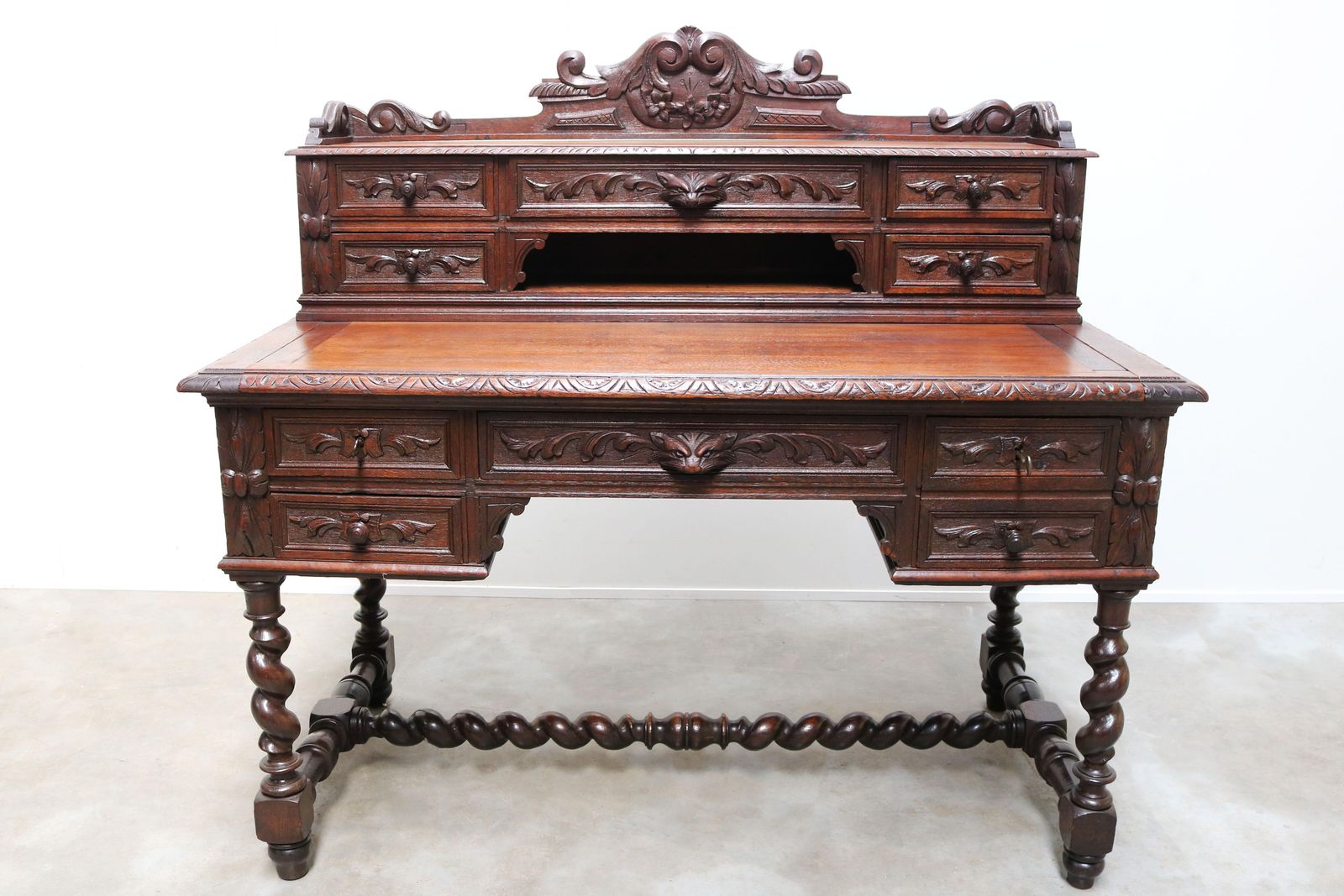 Antiek Frans Renaissance Revival Jachtbureau / Secrétaire Met Gedraaide Kolommen, Eiken, 19e Eeuw photo Meubels