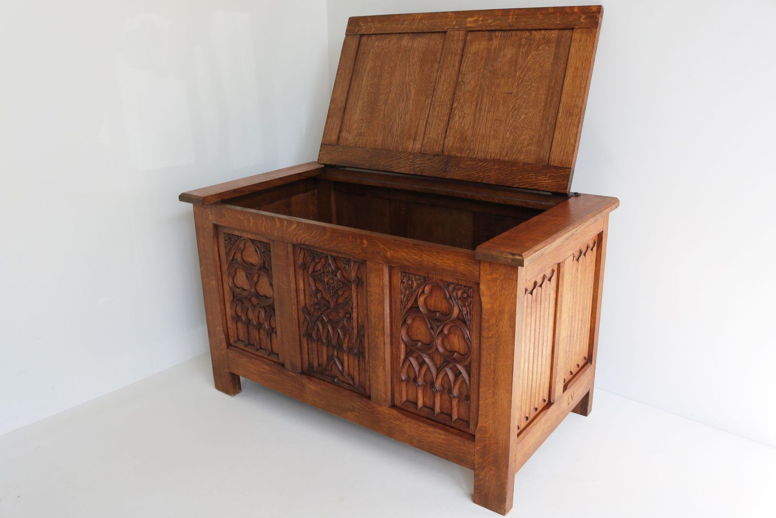 photo furniture Antique French 19th Century Gothic Revival Blanket Chest Carved Oak Forged Iron