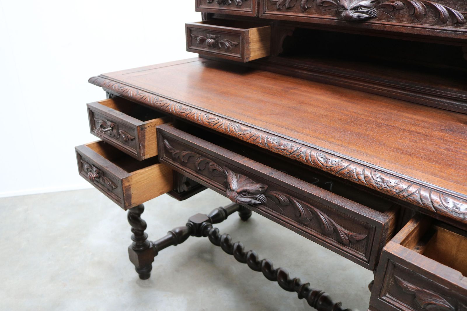 photo for sale Antique French Renaissance Revival Hunt Desk / Secretaire Barley Twist Oak 19th