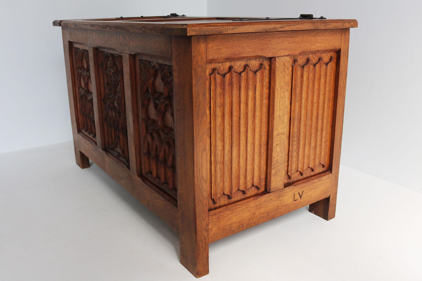 2043.0 Antique French 19th Century Gothic Revival Blanket Chest Carved Oak Forged Iron photo