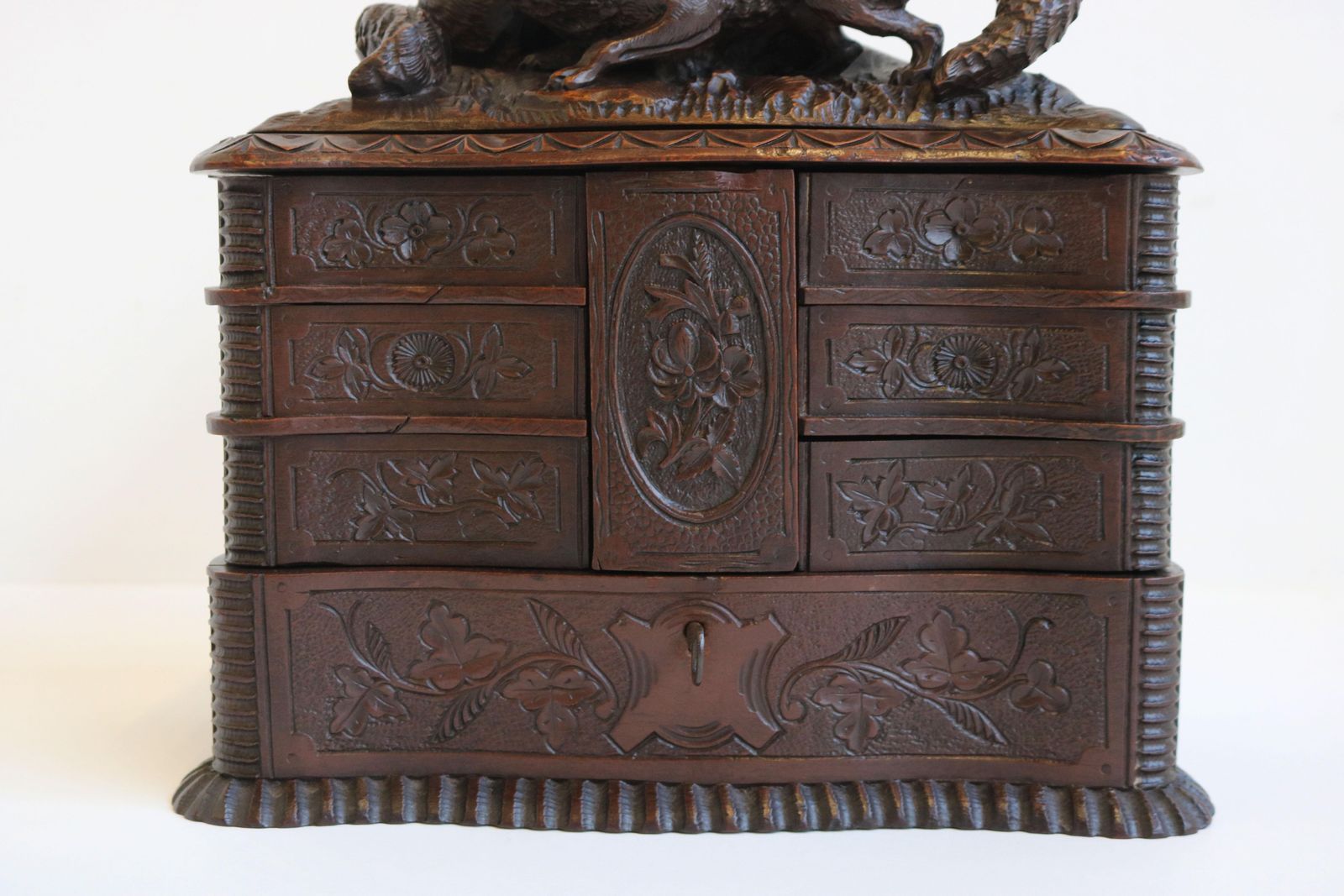 photo buy Rare Antique 4 Tier Black Forest Jewelry Box Fruitwood 19th Century Hand Carved