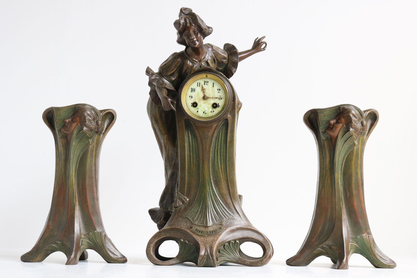 Woonaccessoires Art Nouveau Klokkenset Door Francesco Flora 1890 Antiek Driedelig Frans Schoorsteenstel photo