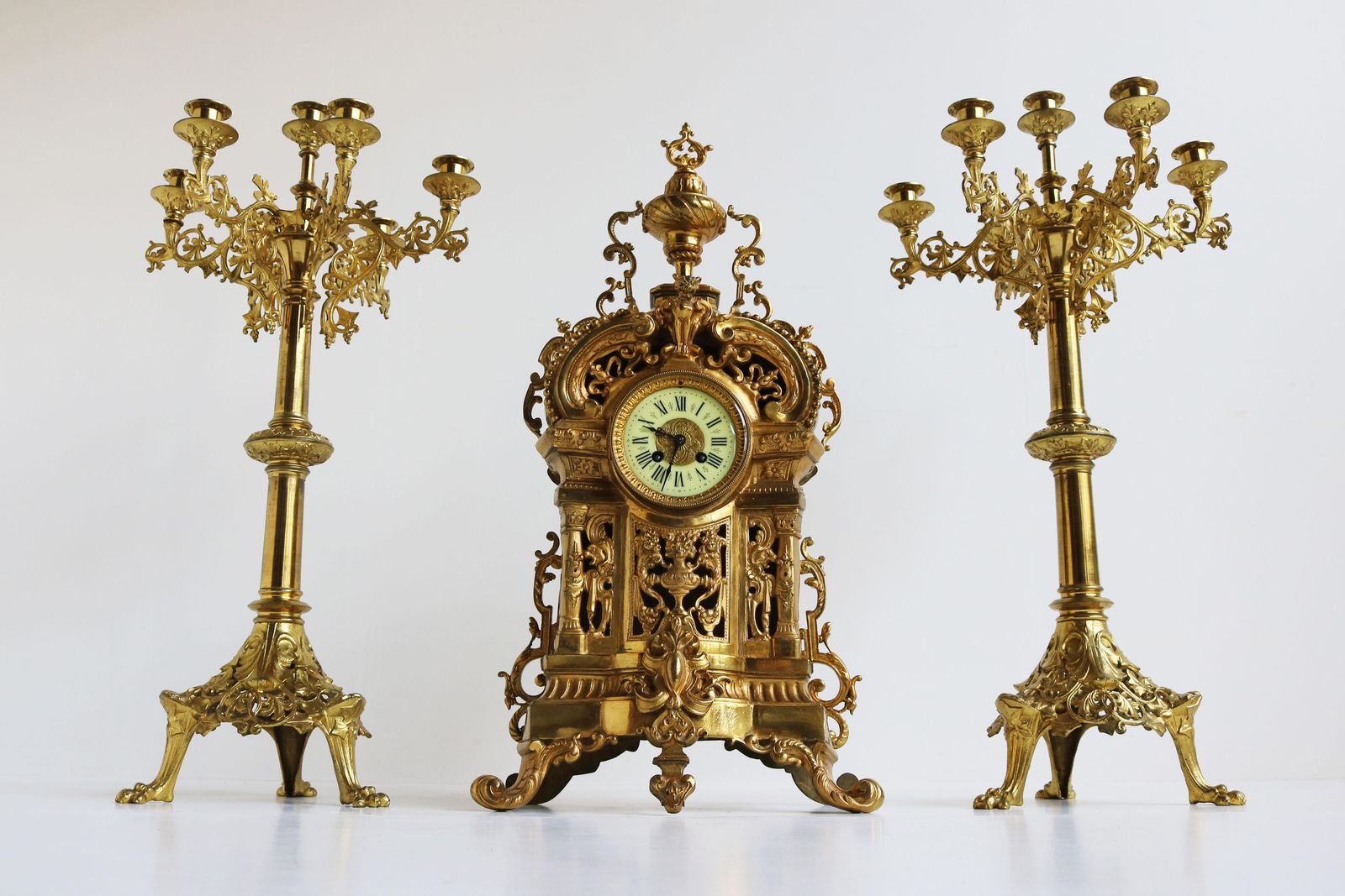Huge Antique French Gilt Bronze Classical Clock Set 19th Century Acanthus Leaves photo for sale
