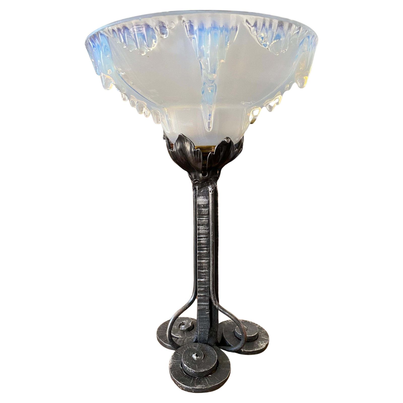 Antique Art Deco Table Lamp Design By Ezan 1930 France Wrought Iron & Ice Glass