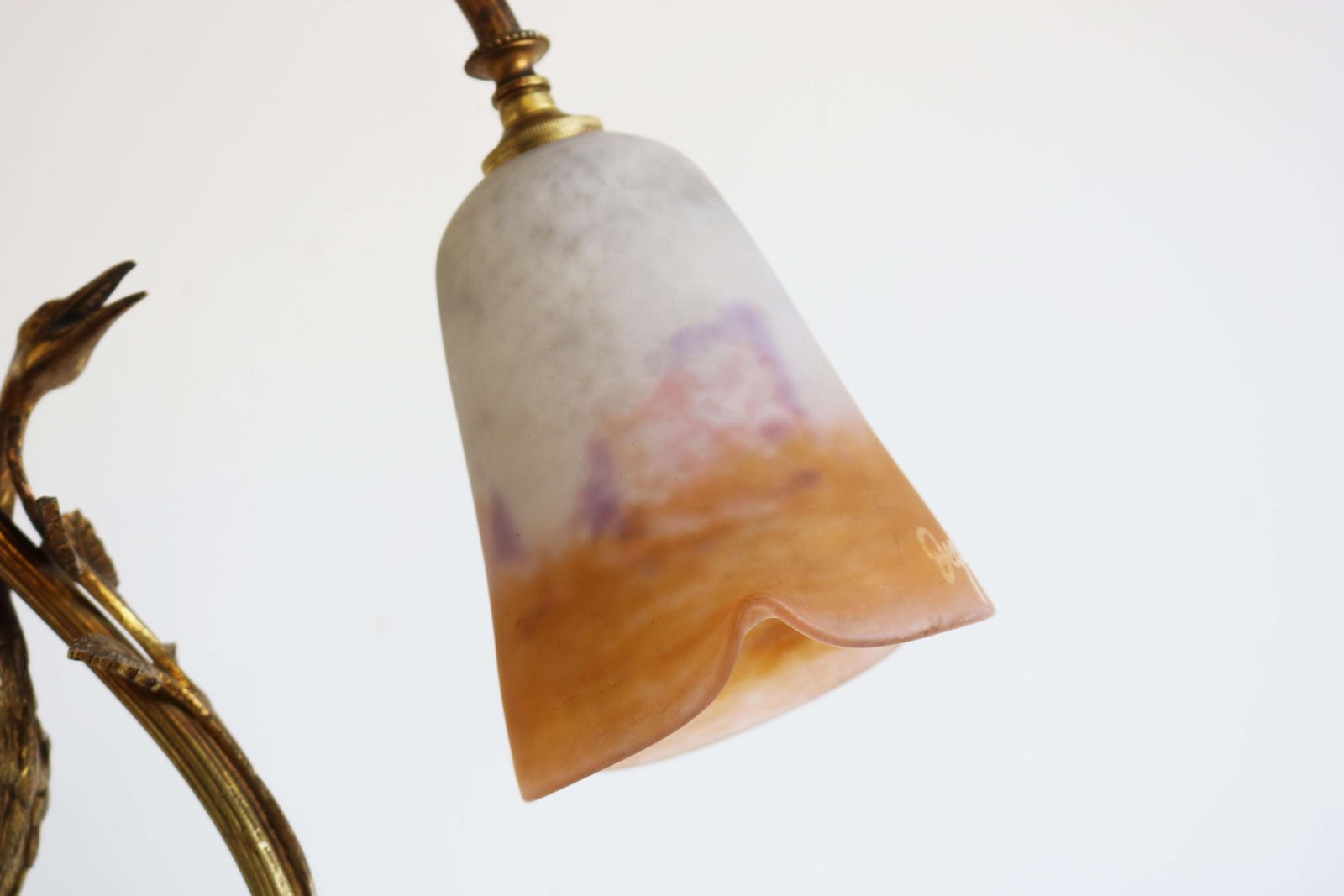 Antiek Franse Art Nouveau Tafellamp Reiger Van Degué, 1920, Pâte De Verre, Brons photo for sale