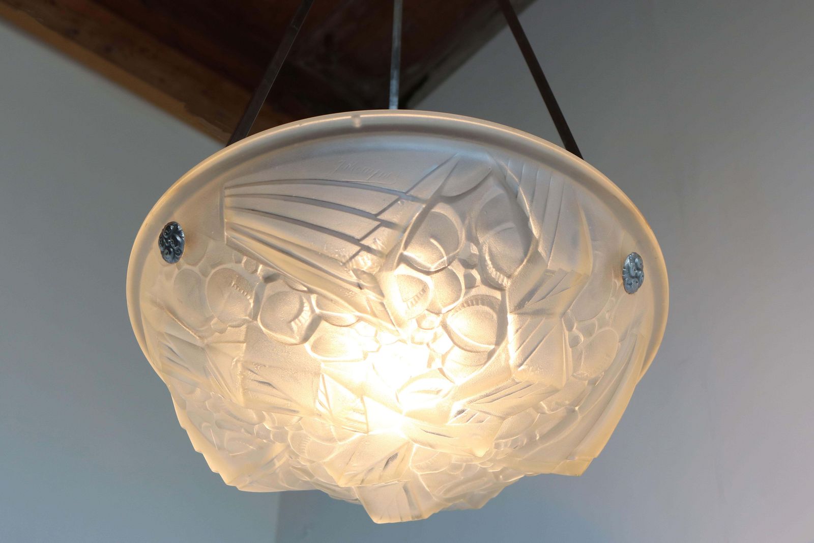 Antiek Franse Art Deco Hanglamp / Kroonluchter, Gesigneerd Mouynet 1920, Schneider Glas photo furniture