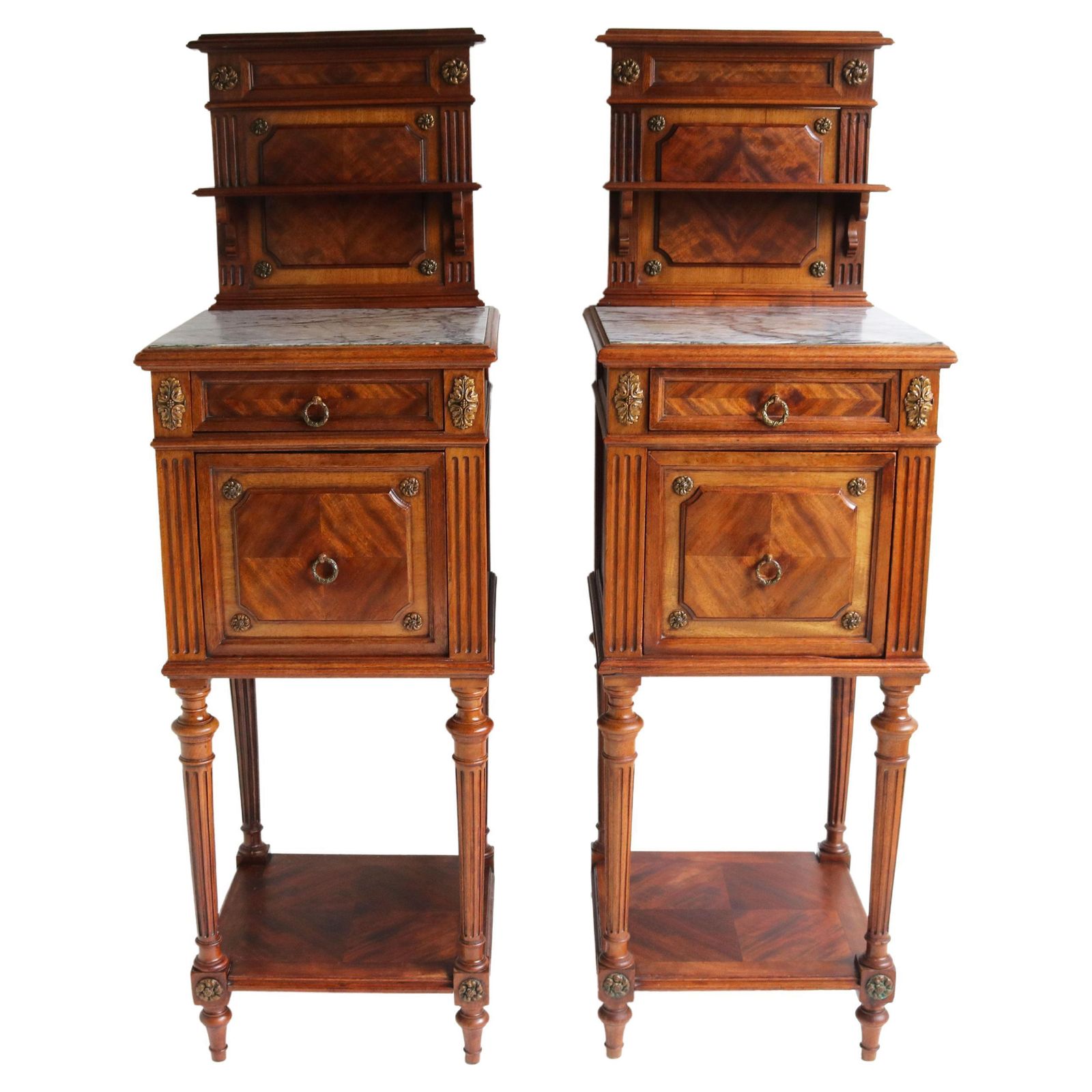 Pair Of Antique French 19th Century Night Stands Bedside Walnut Marble Bronze