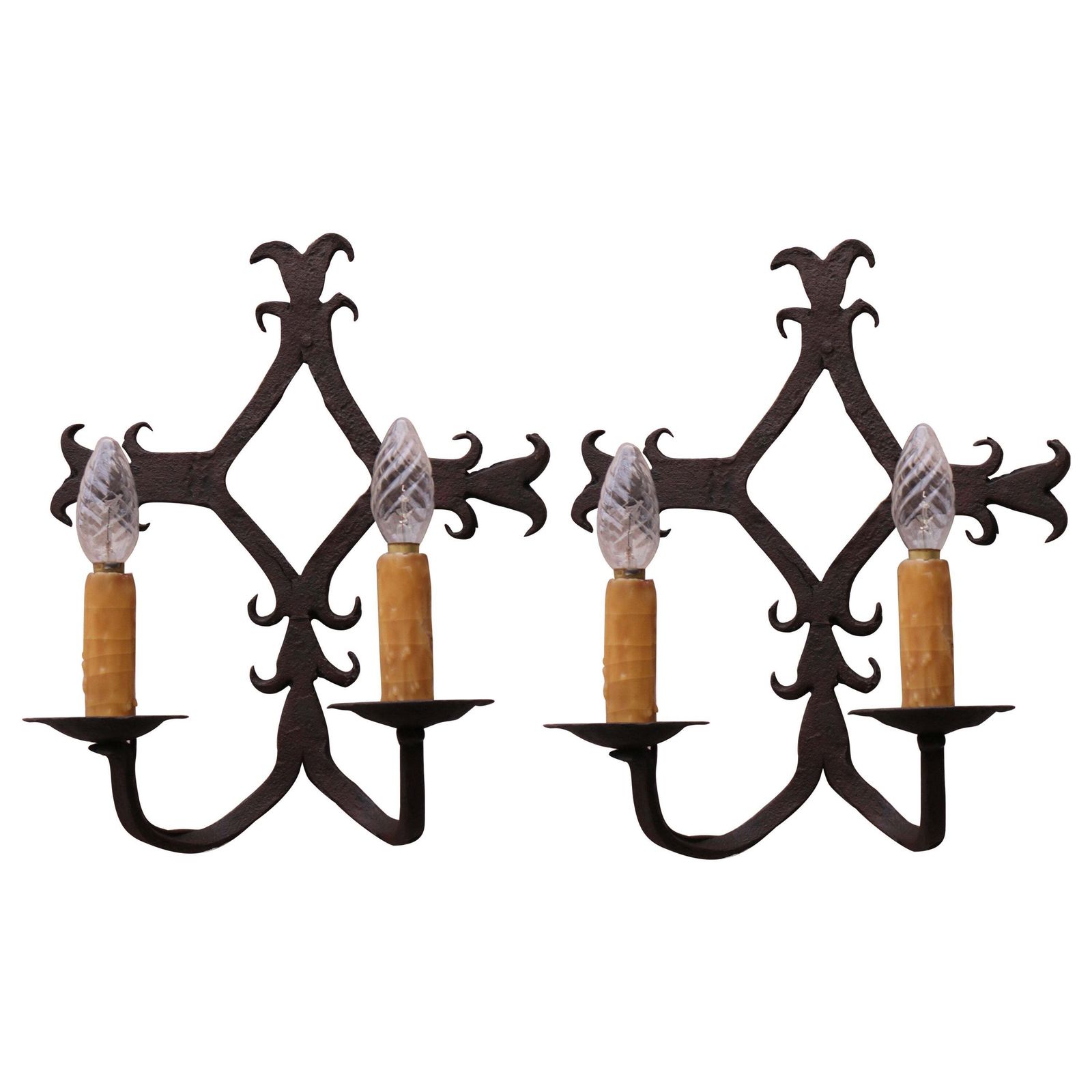 Antique French Wrought Iron Wall Lights / Sconces Spanish Style 1900 Arts Crafts