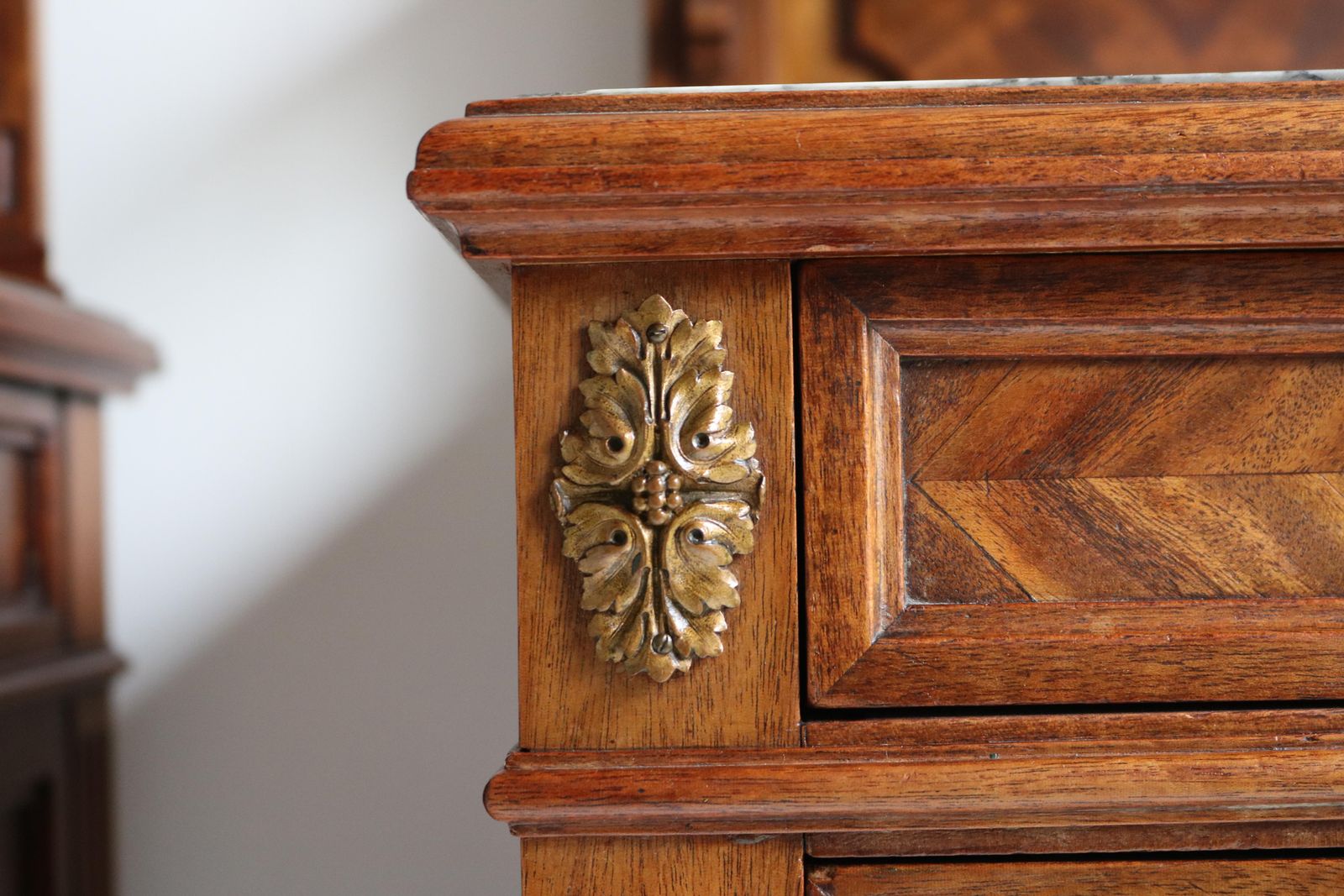 photo furniture Pair Of Antique French 19th Century Night Stands Bedside Walnut Marble Bronze